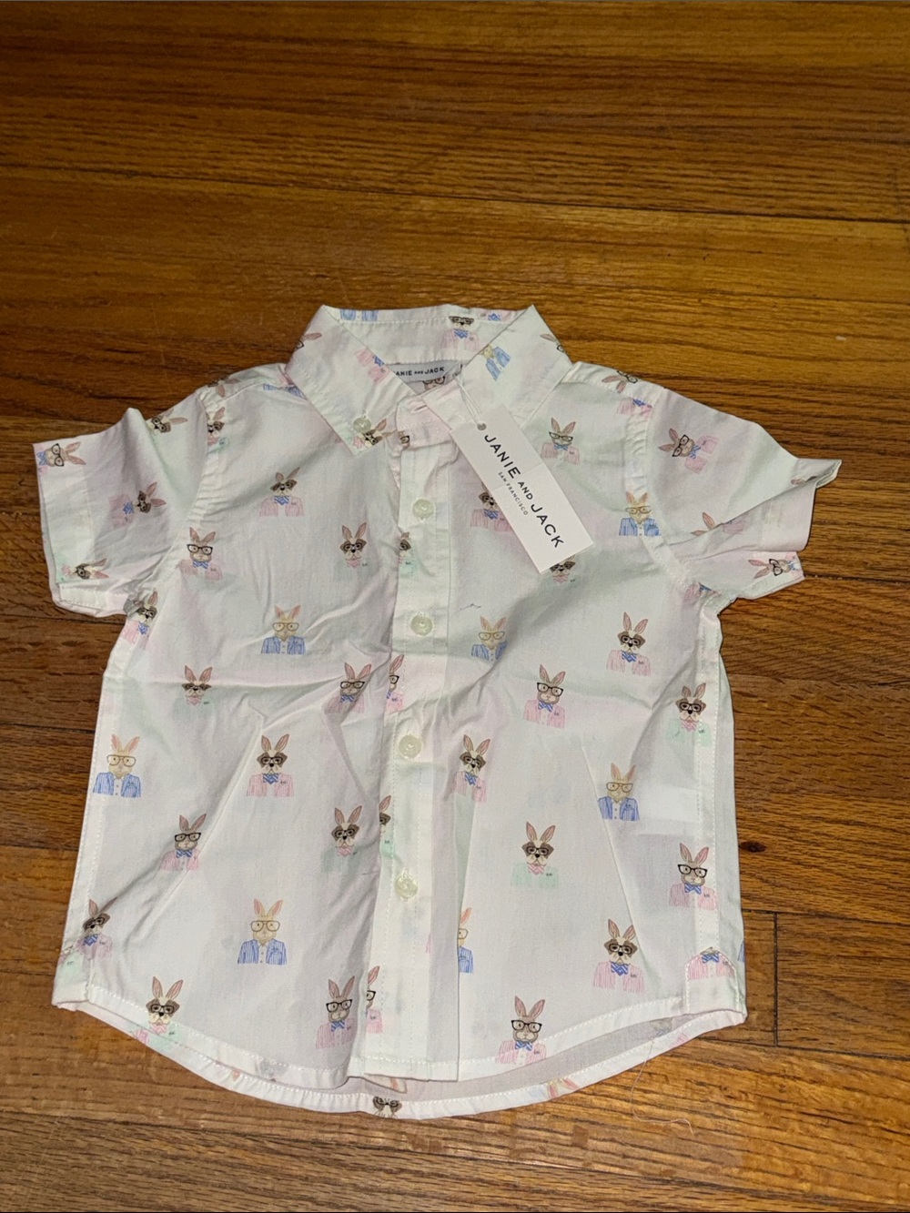 Infant Janie and Jack White Short-Sleeve Button-Down Shirt with Bunny Print NWT